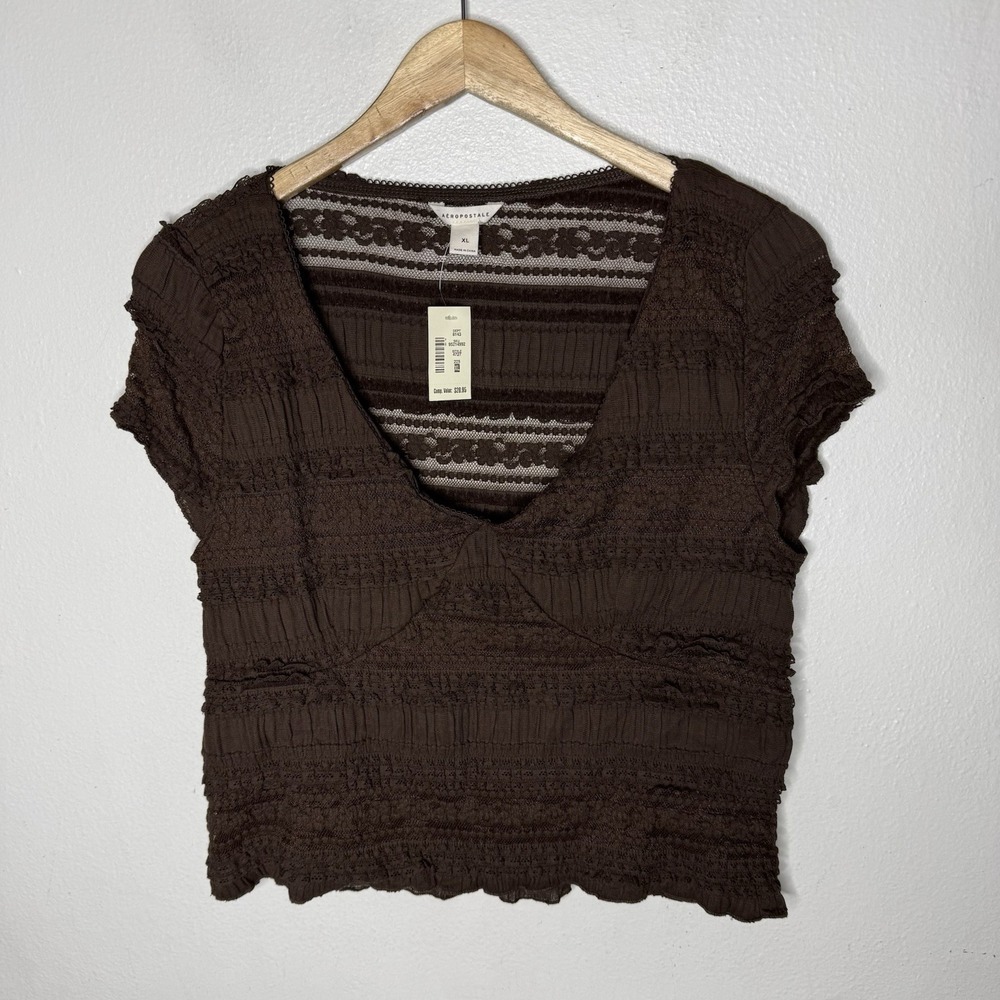 New Aeropostale Brown Lace V-neck Textured Top Short Sleeve Goblincore Womens XL